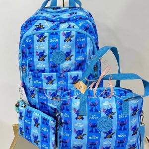 Kit 3 Peças Mochila Bolsa Tiracolo Nécessaire  Estampa Stitch Azul